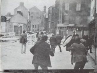 Bogside residents defending their barricades against police and loyalist assault